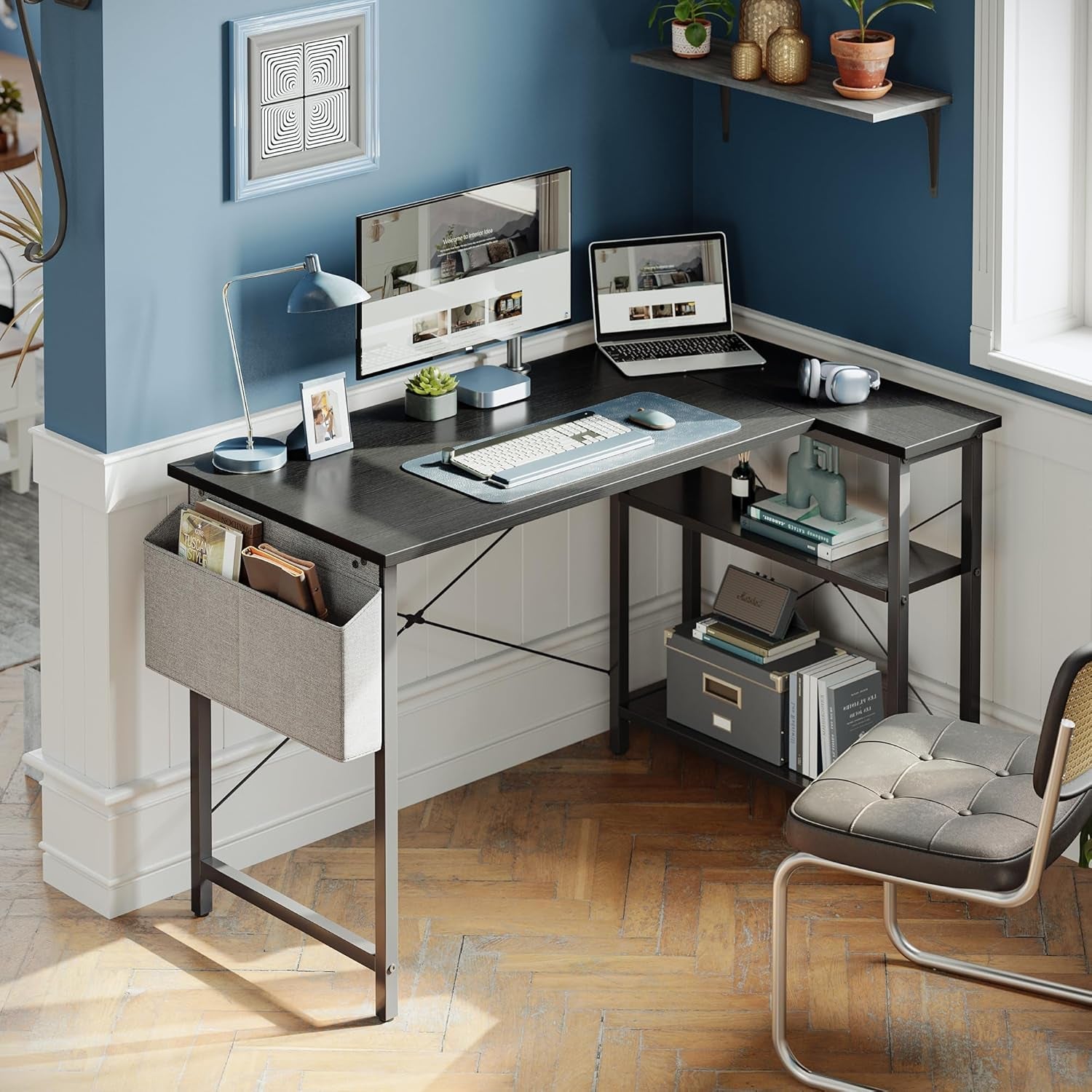 40 Inch L Shaped Desk With Reversible Storage Shelves Black