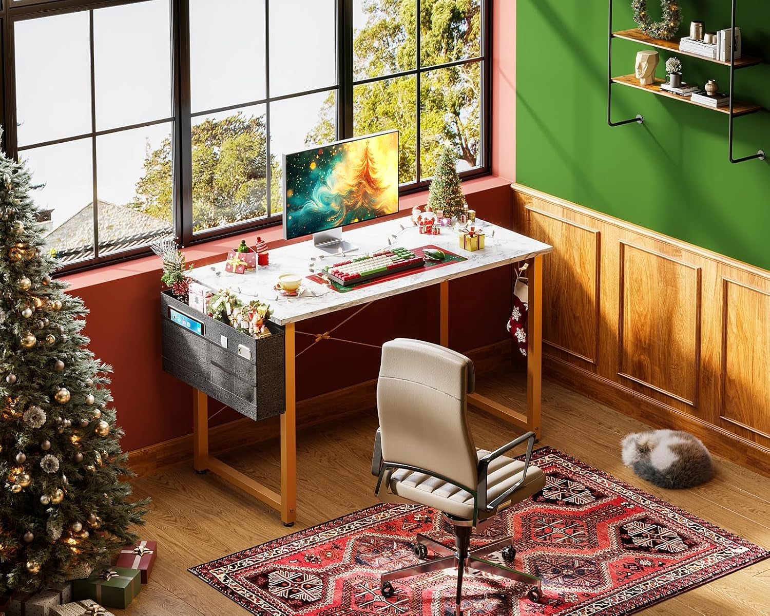 40Inch Computer Desk With Storage White Marble Top