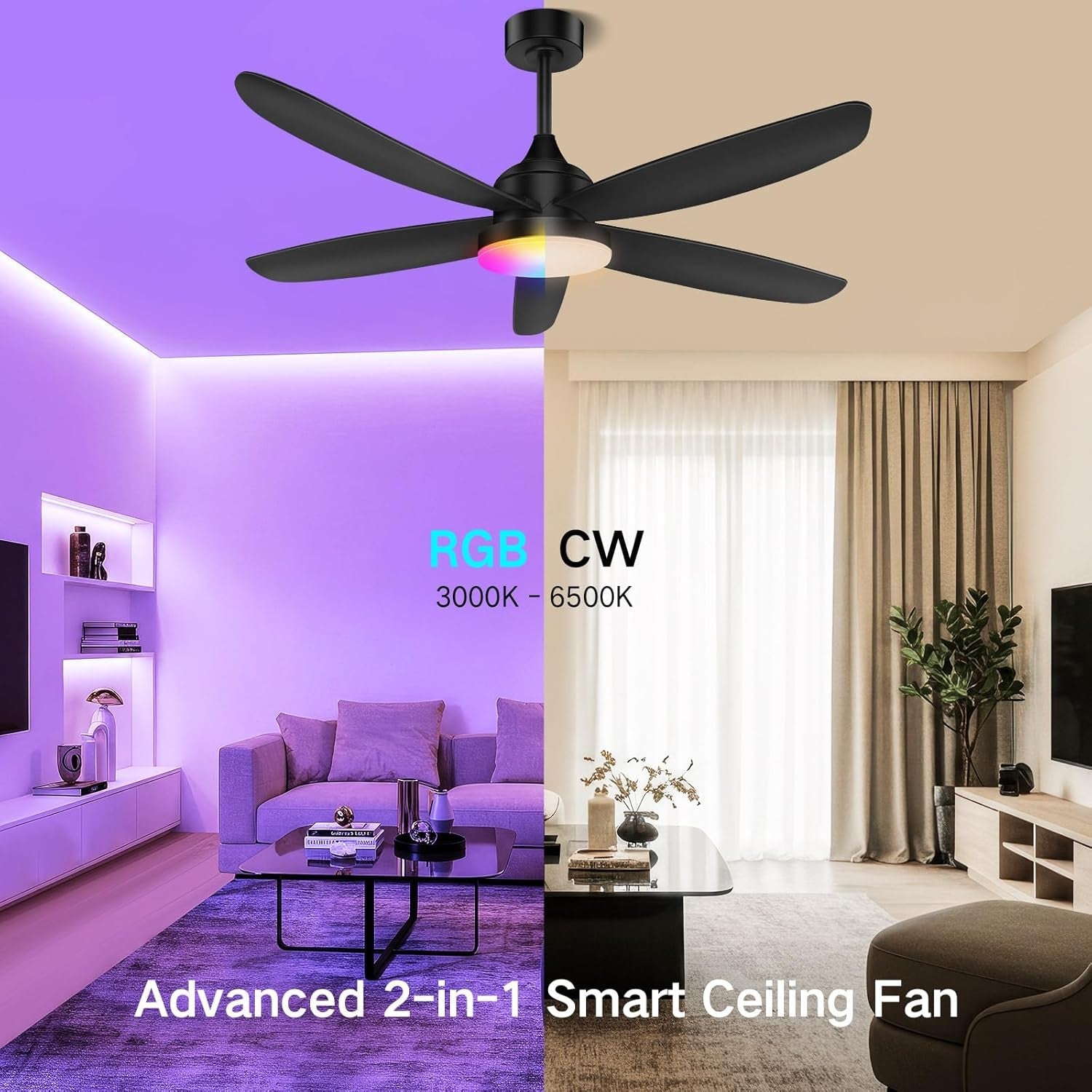42 Inch Black Ceiling Fan With Remote App Control LED Light