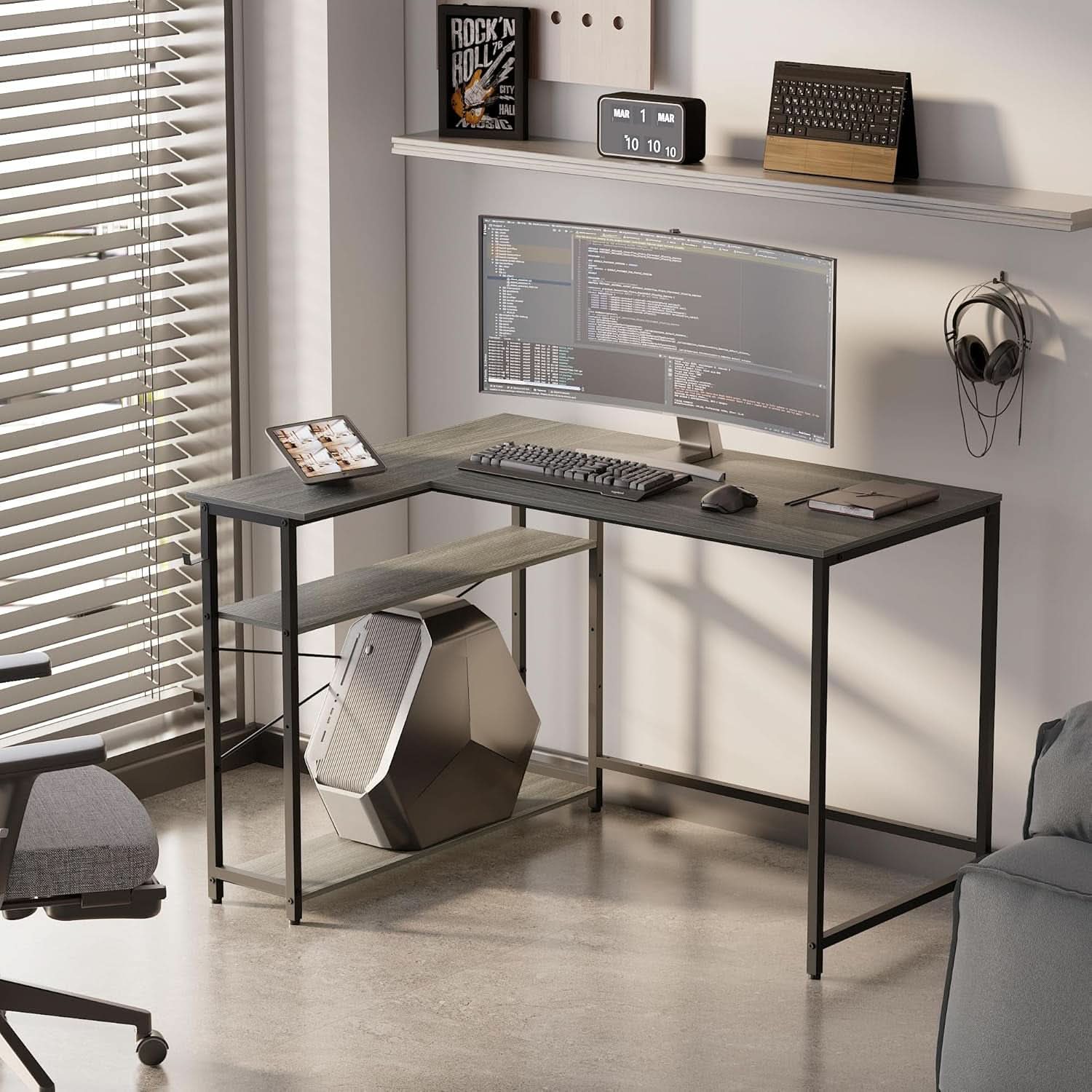 43 Inch L Shaped Desk With Reversible Shelves Espresso Gray