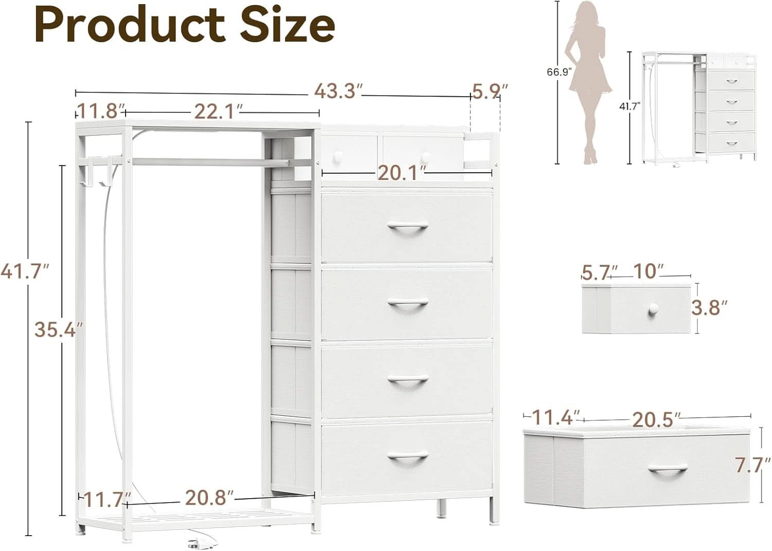 43Inch White Dresser With Hanging Rack AmbientLEDLighting
