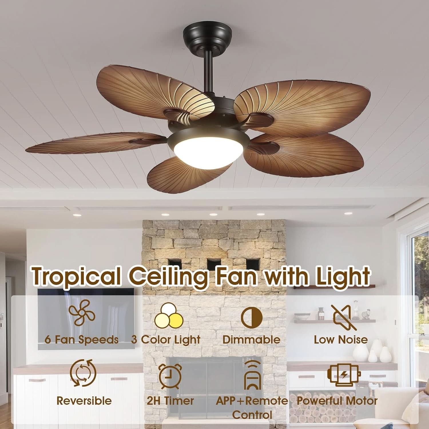 44 Inch Palm Leaf Ceiling Fan With LED Lighting Remote