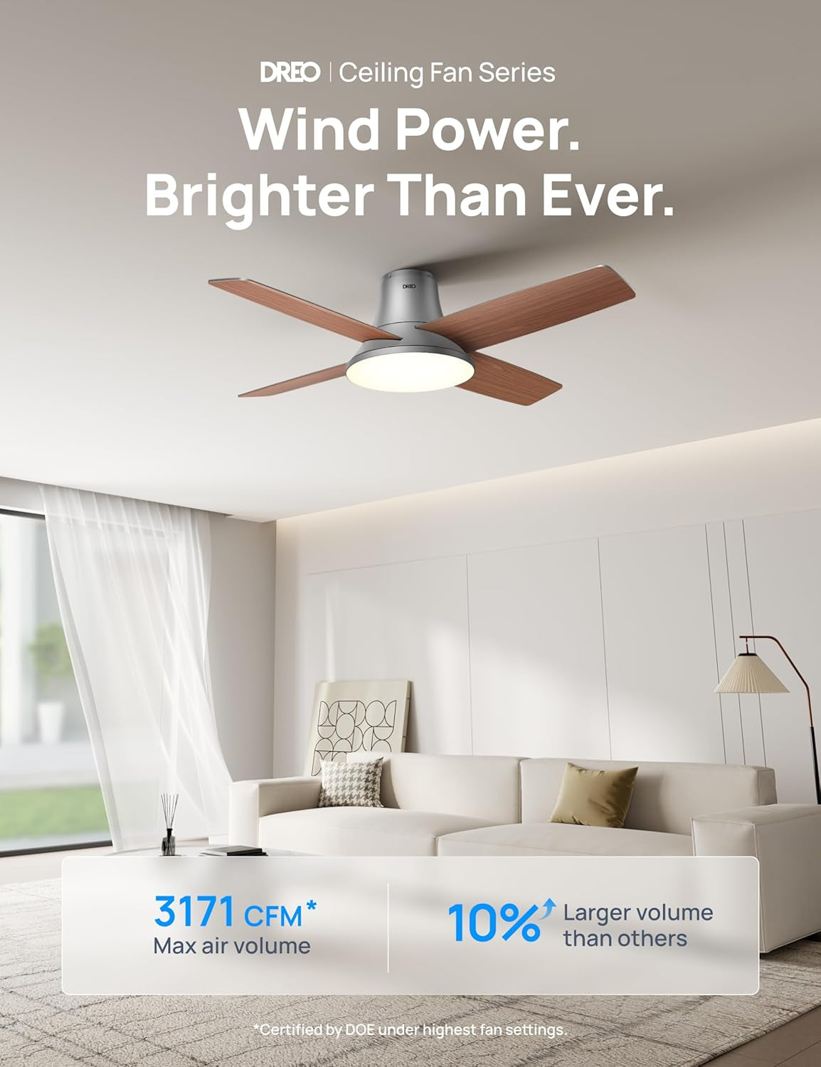 44 Inch Silver Ceiling Fan With Remote And Dimmable Lights