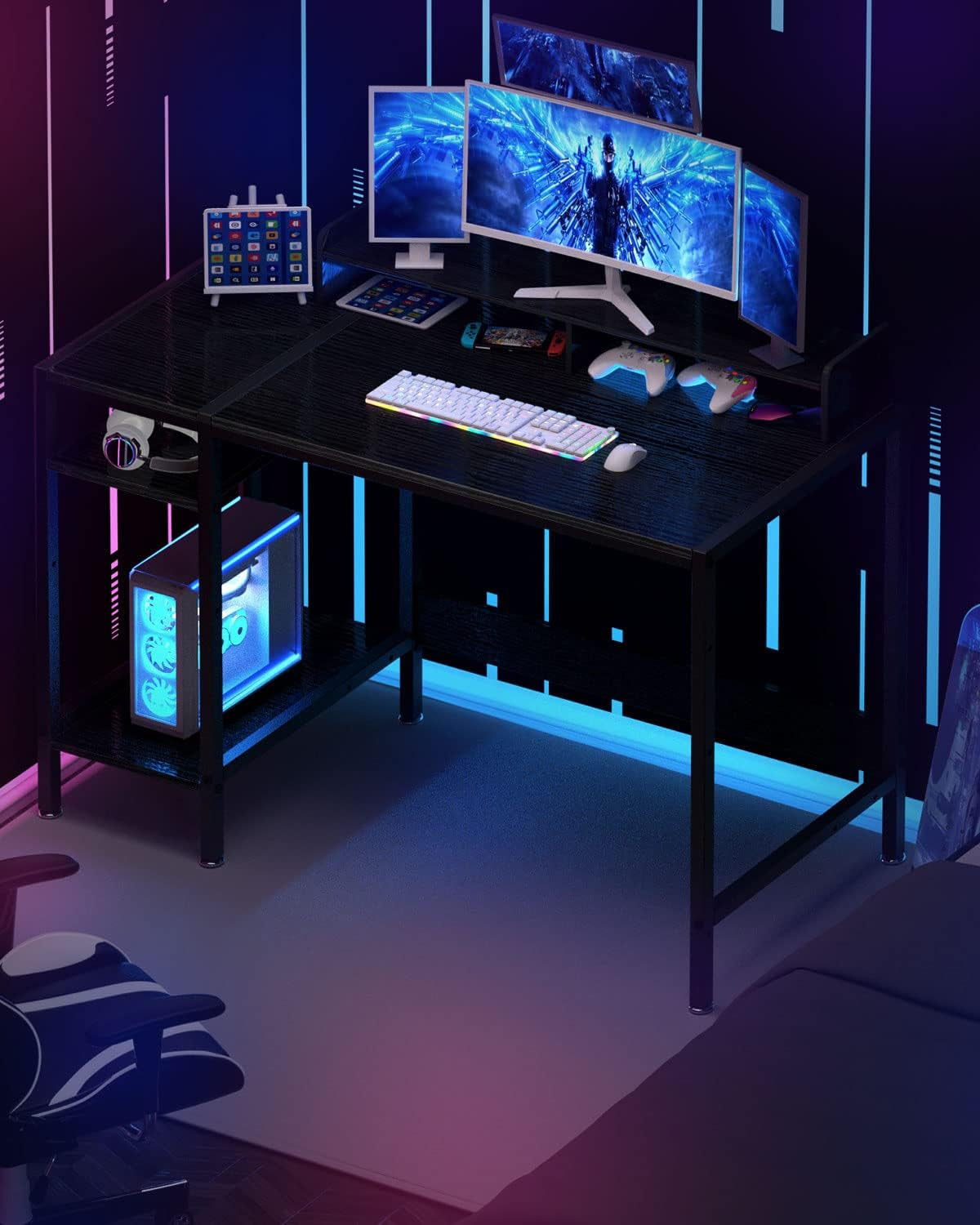 47 Inch Black Gaming Desk For Home Office With Monitor Stand And Storage
