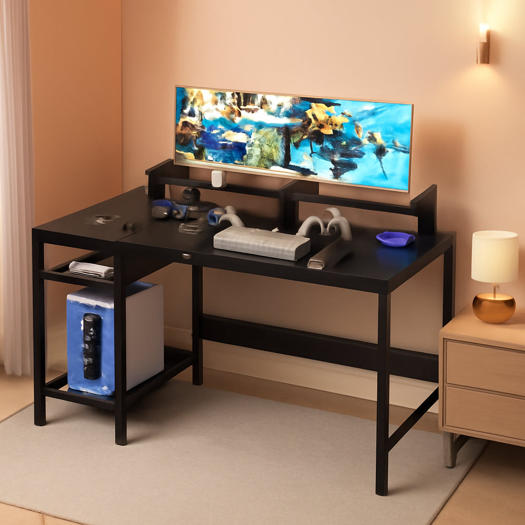 47 Inch Black Gaming Desk For Home Office With Monitor Stand And Storage
