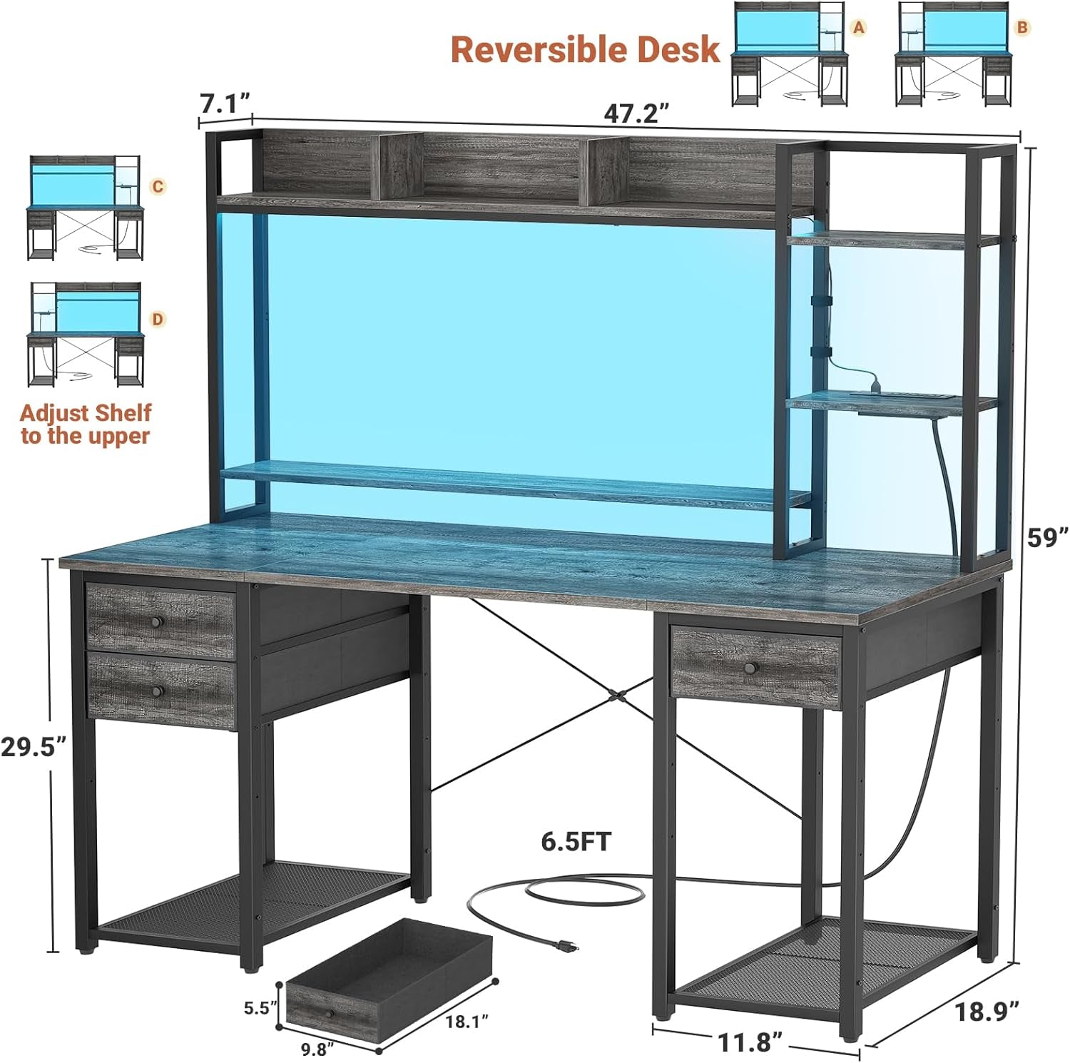 47 Inch Computer Desk With Hutch And Drawers Black Oak