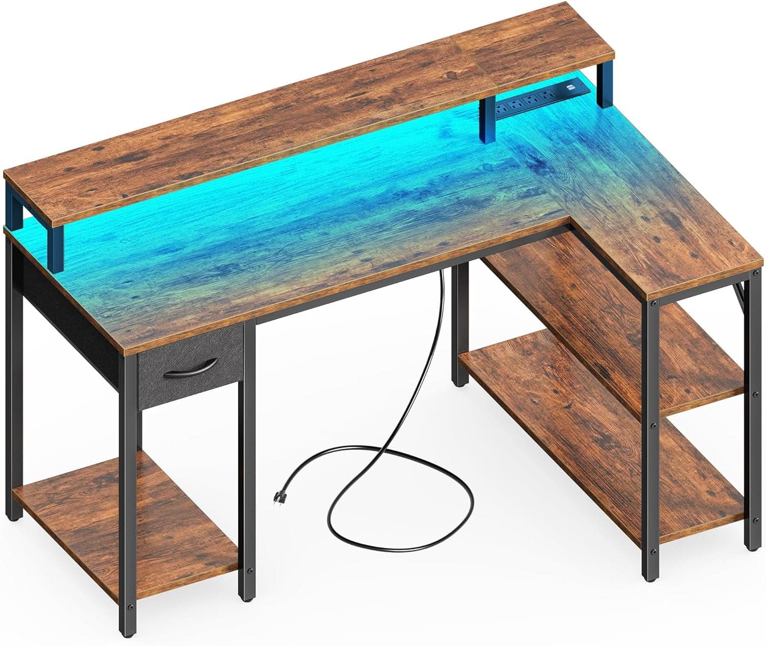 47 Inch L Shaped Desk With LED Lights And Power Outlets