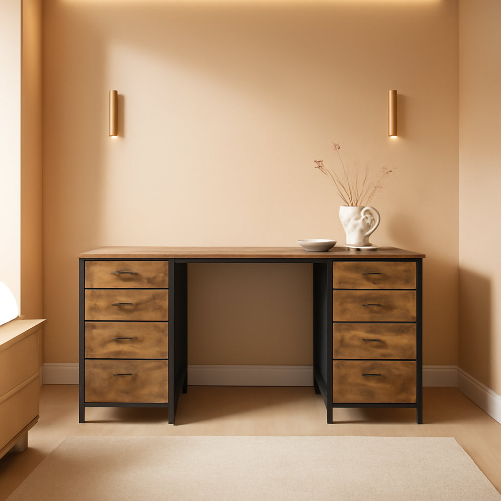 47 Rustic Brown Computer Desk With Eight Fabric Drawers