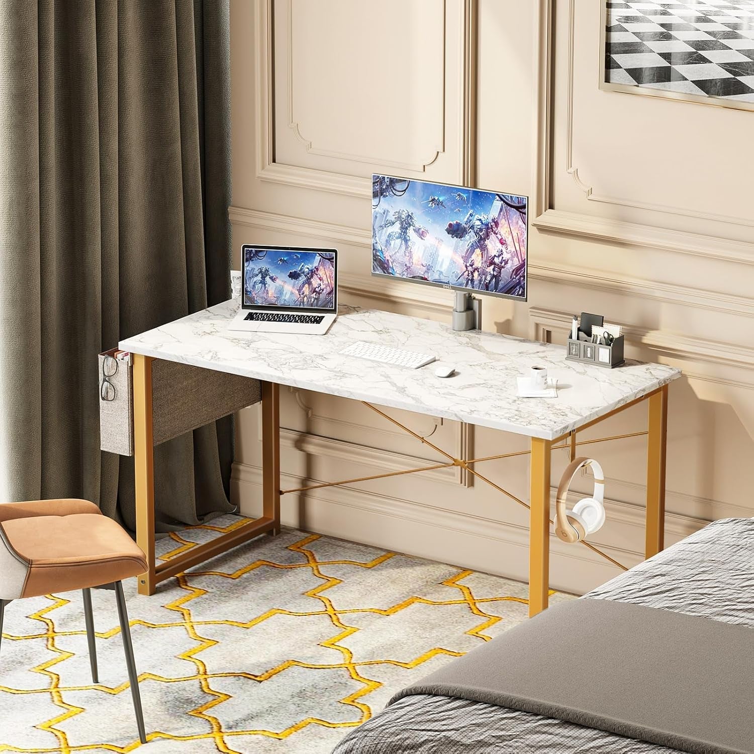 48 Inch Computer Desk White Marble Gold Leg With Storage