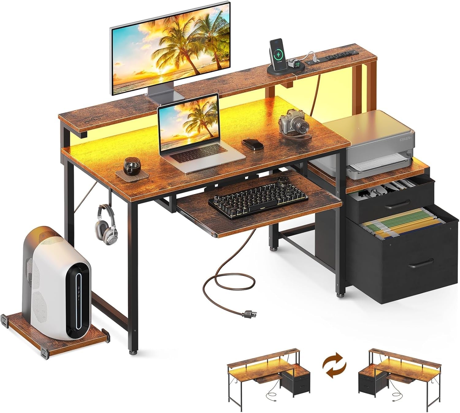 48 Inch Computer Desk With USB Ports And LED Light