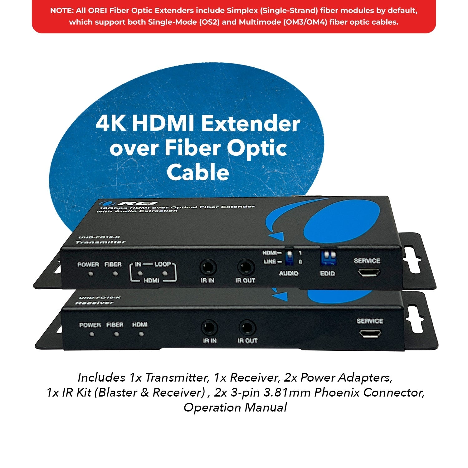 4K HDMI over Optical Fiber Extender with Audio Extraction and Bi-Directional IR (UHD-FO10-K)