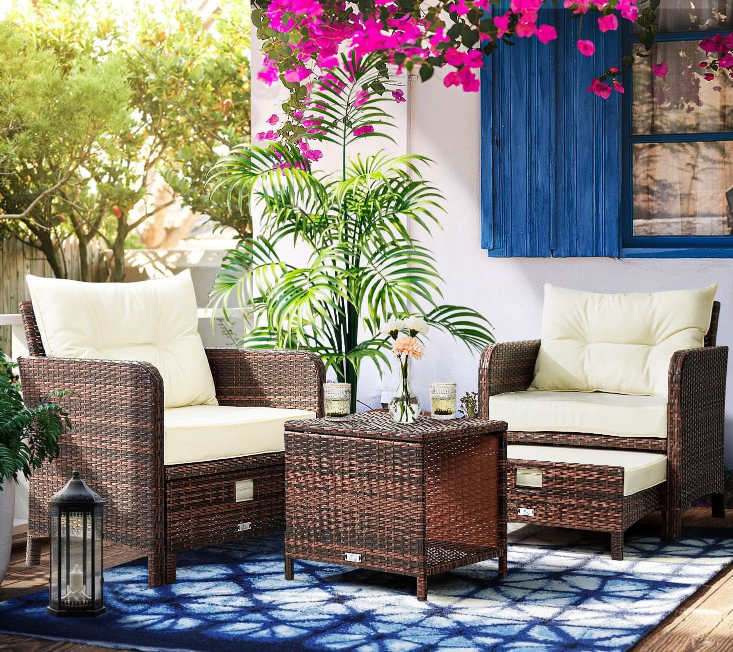 5 Piece Beige Rattan Patio Furniture Set With Ottomans And Coffee Table