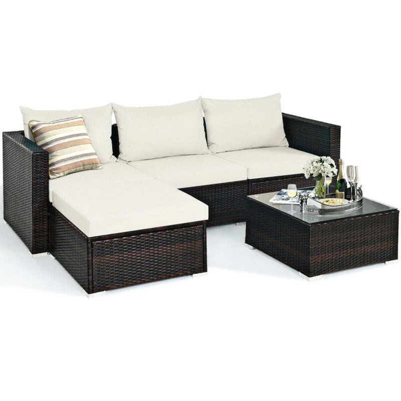 5 Piece Patio Rattan Sectional Set With Cushions And Coffee Table