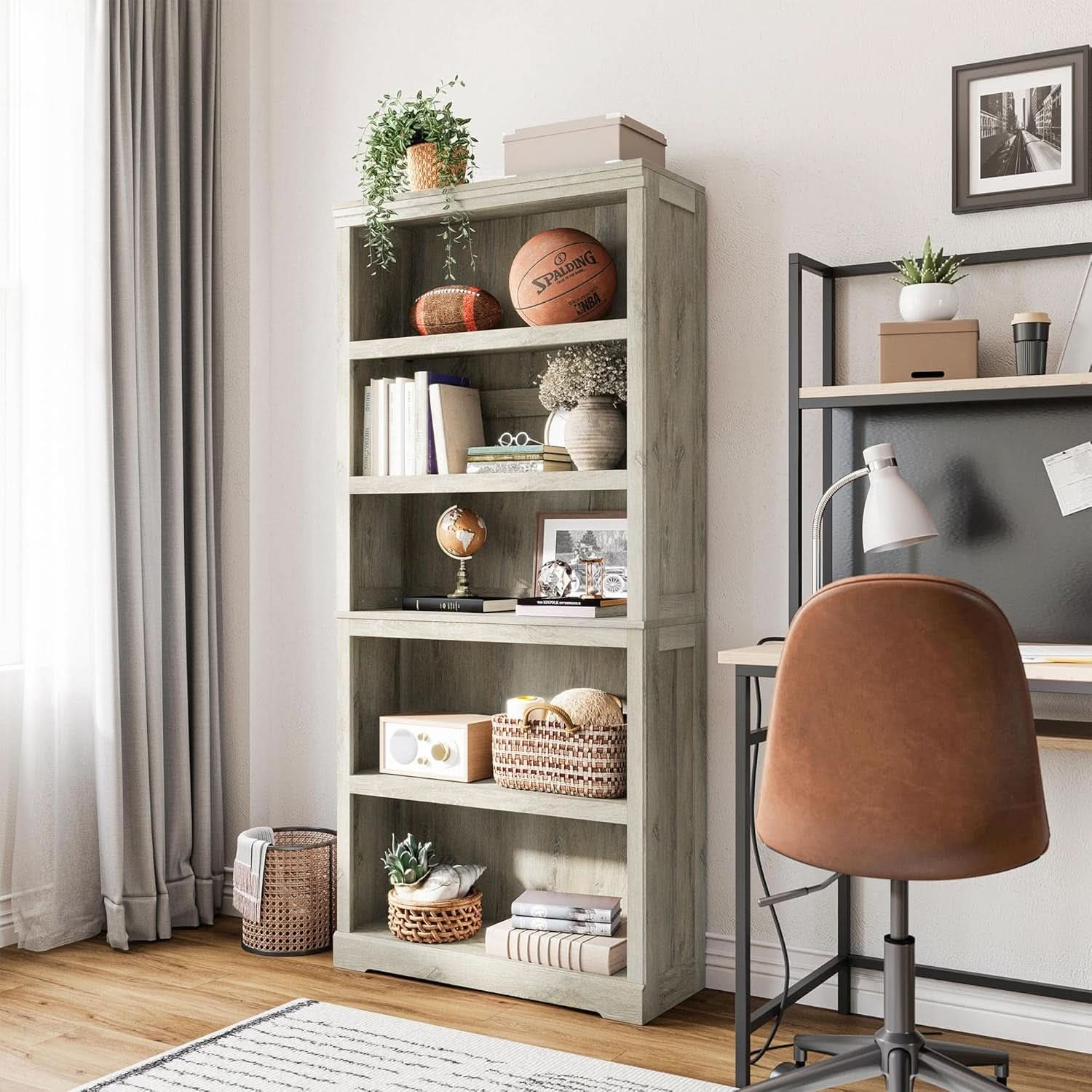 5 Shelf Bookcase 68 Inch Tall Brown Home Office Storage