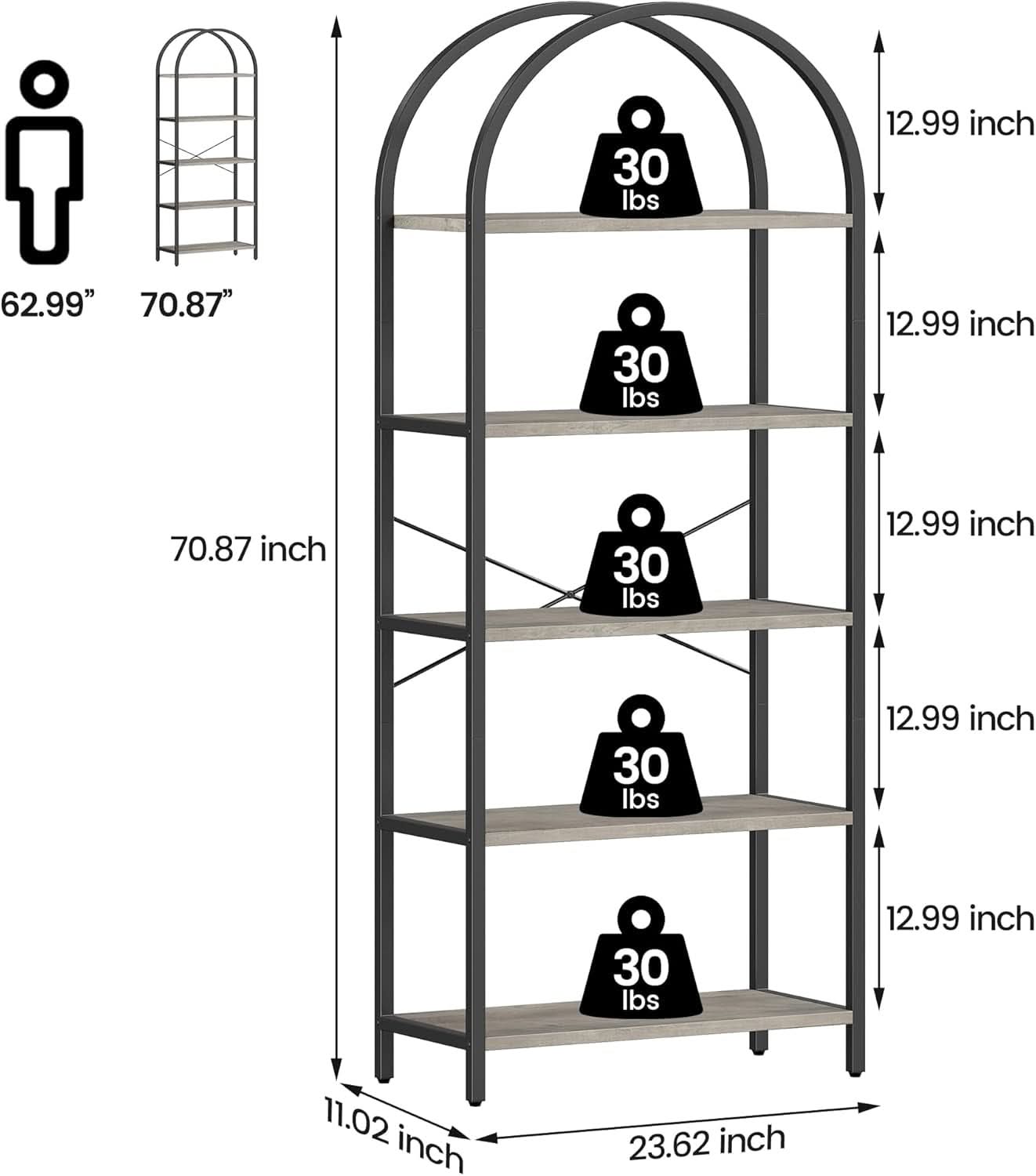 5 Tier Arched Bookshelf Tall Modern Display Rack Wood And Metal