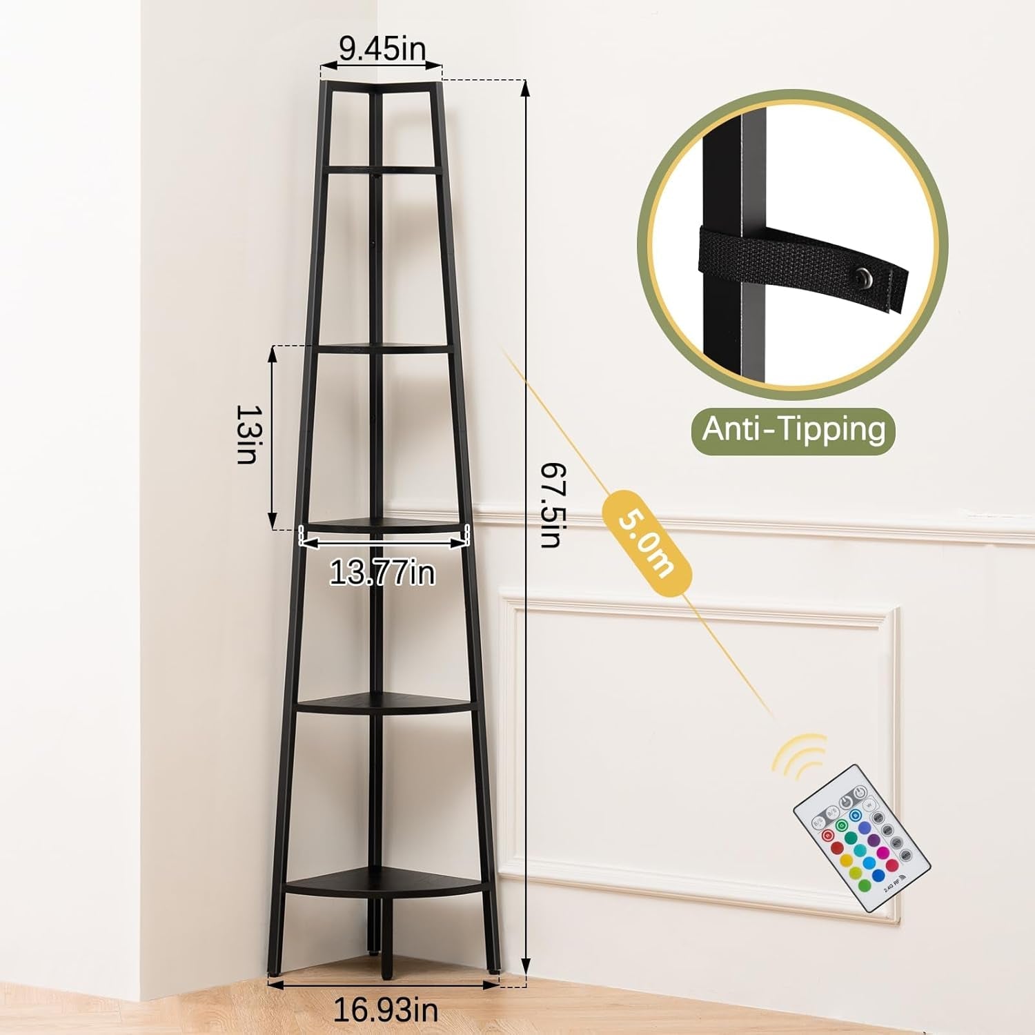 5 Tier Corner Bookshelf With LED Lights For Living Room