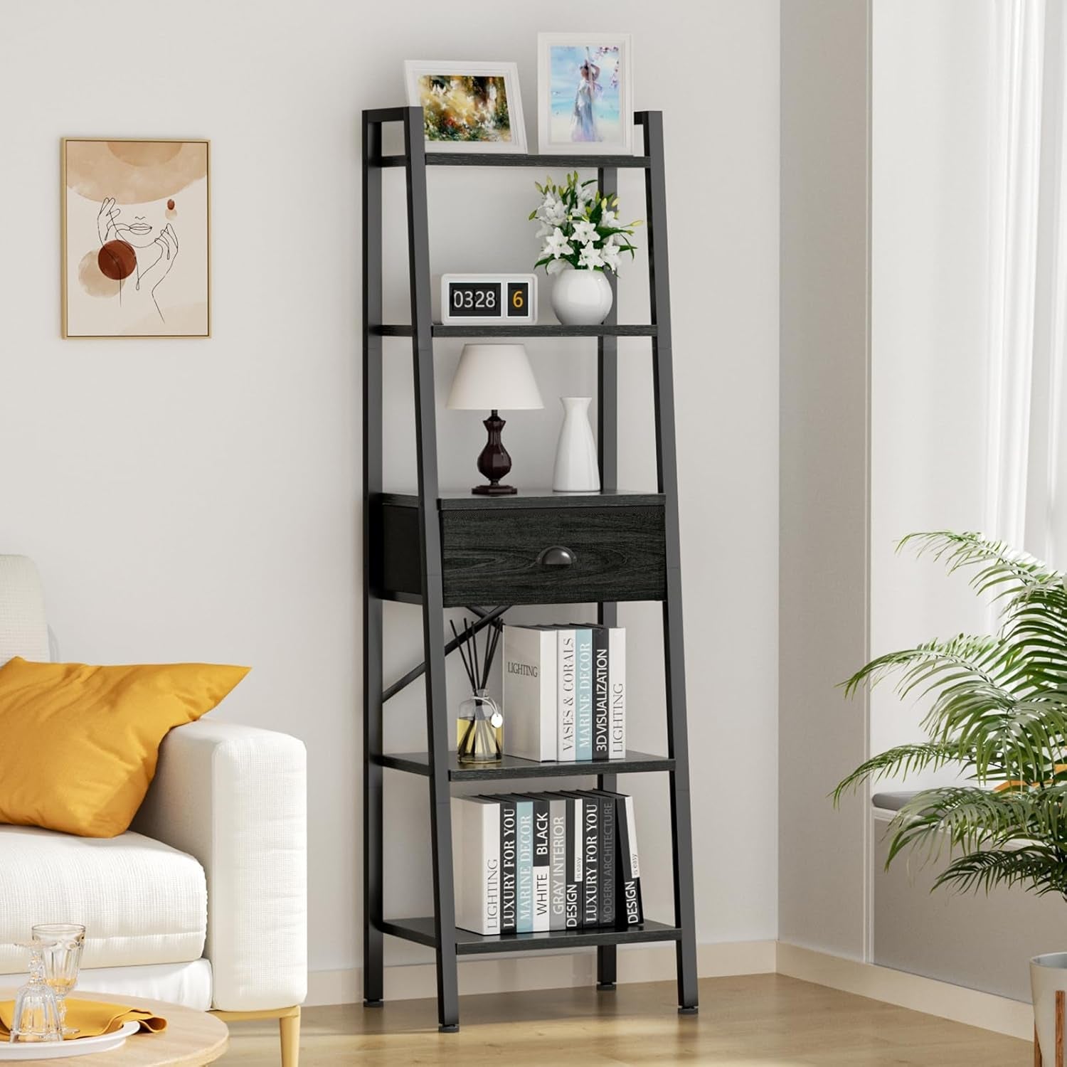 5 Tier Ladder Bookshelf Narrow Black Oak With Drawer