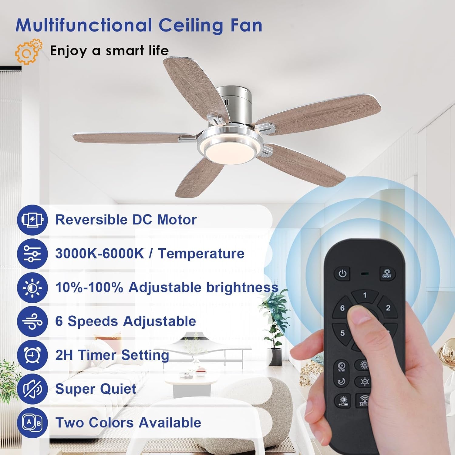 50 Inch Nickel Flush Mount Ceiling Fan With Remote