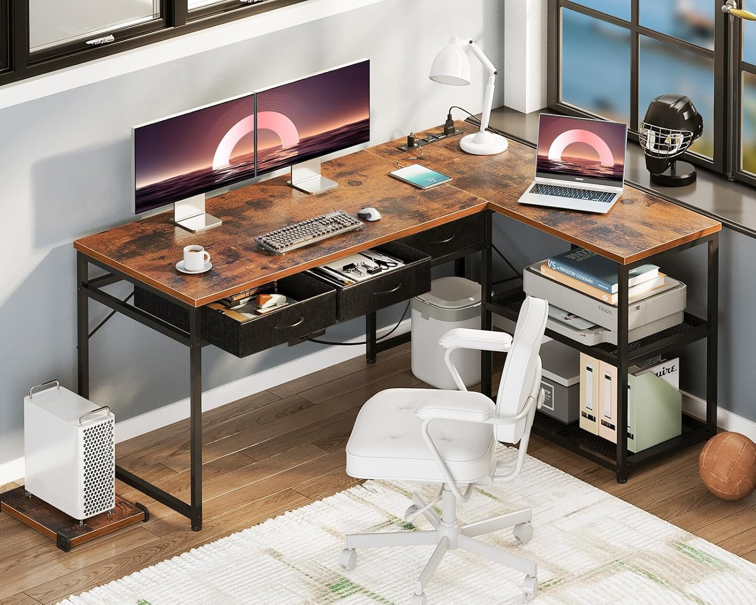 53 Inch L Shaped Desk With Power Outlets And Movable CPU Stand