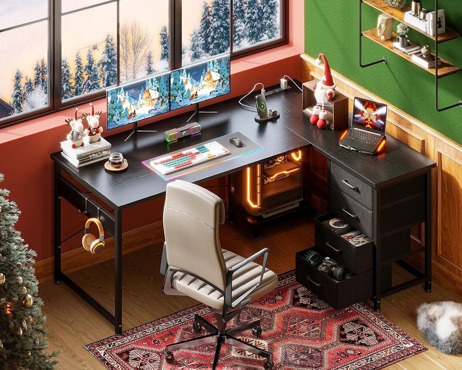 53 Inch L Shaped Gaming Desk With USB Ports For Home Office