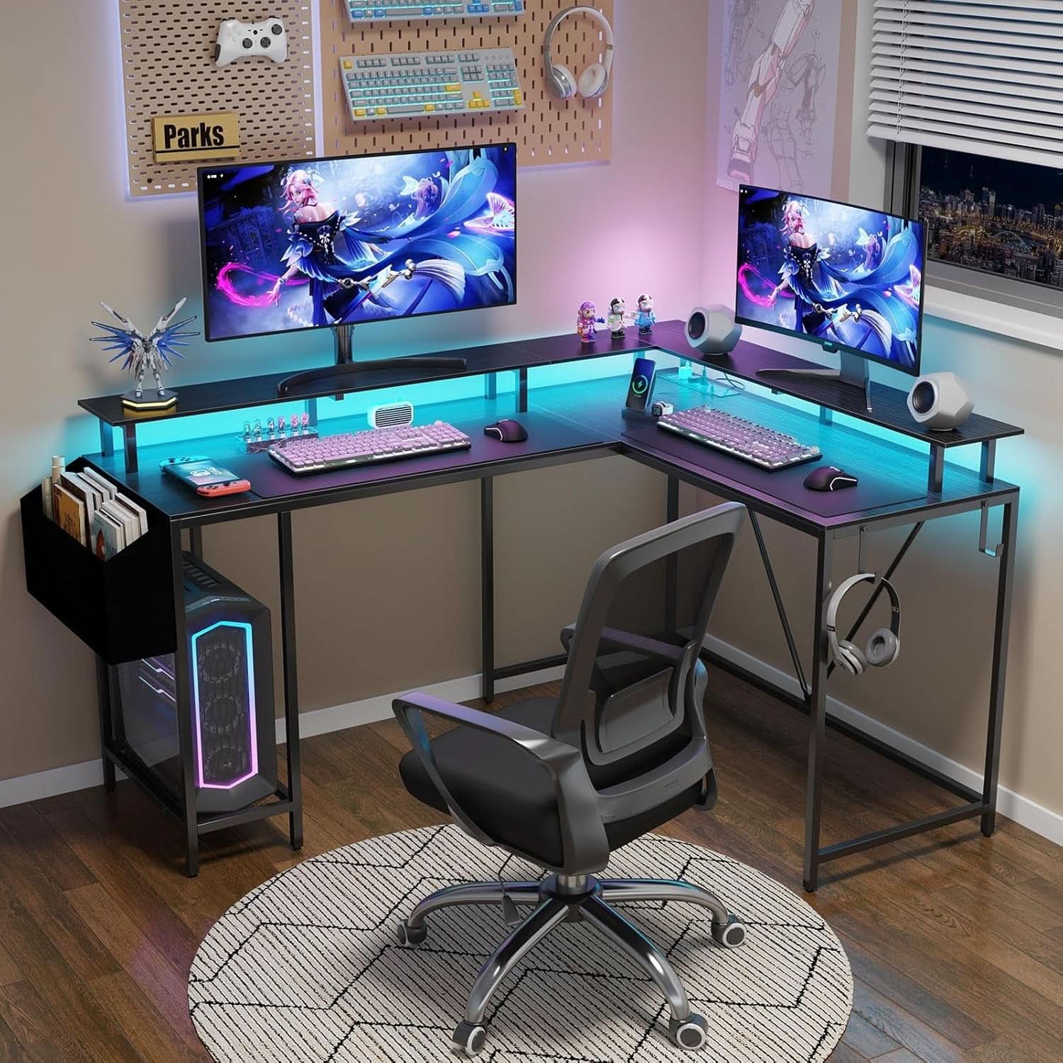 53Inch L Shaped Desk With LED Lights For Home Office