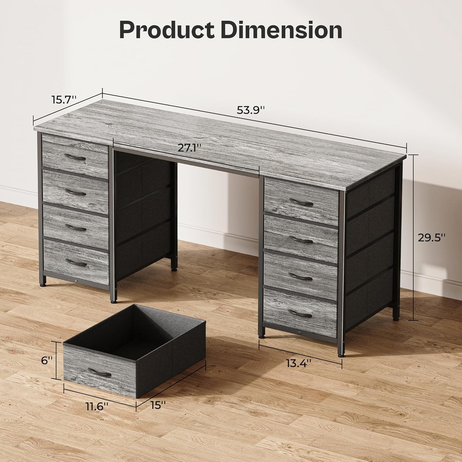 54 Inch Computer Desk With 8 Fabric Drawers Grey Storage