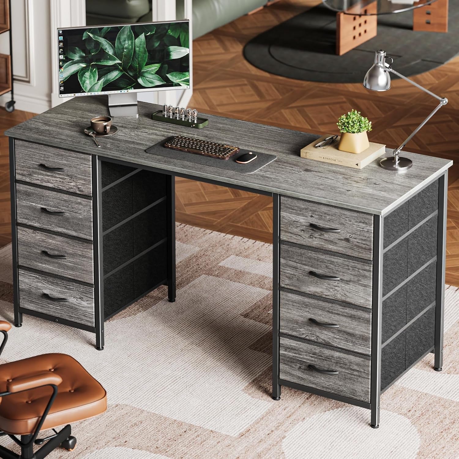 54 Inch Computer Desk With 8 Fabric Drawers Grey Storage