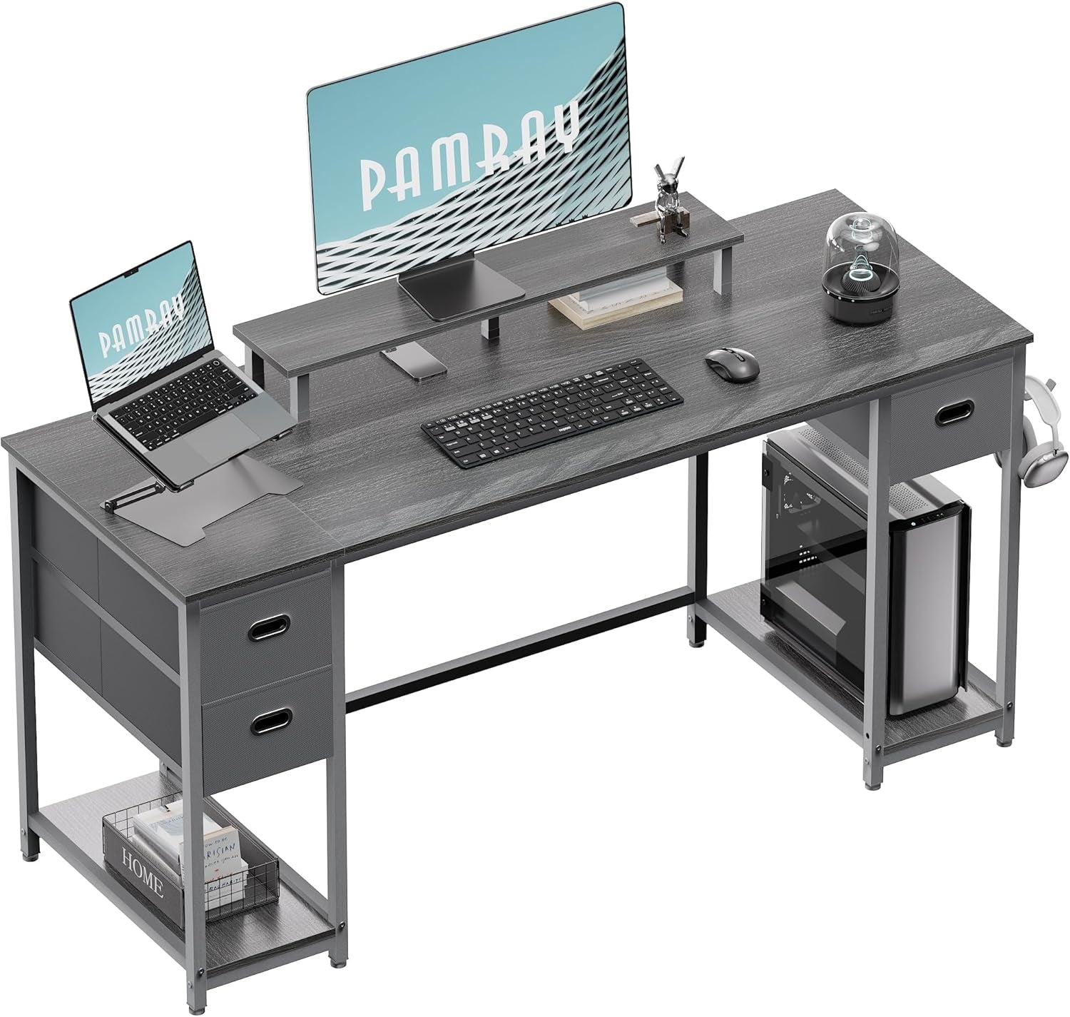 55 Inch Computer Desk With Monitor Stand And Storage Drawers Espresso Gray