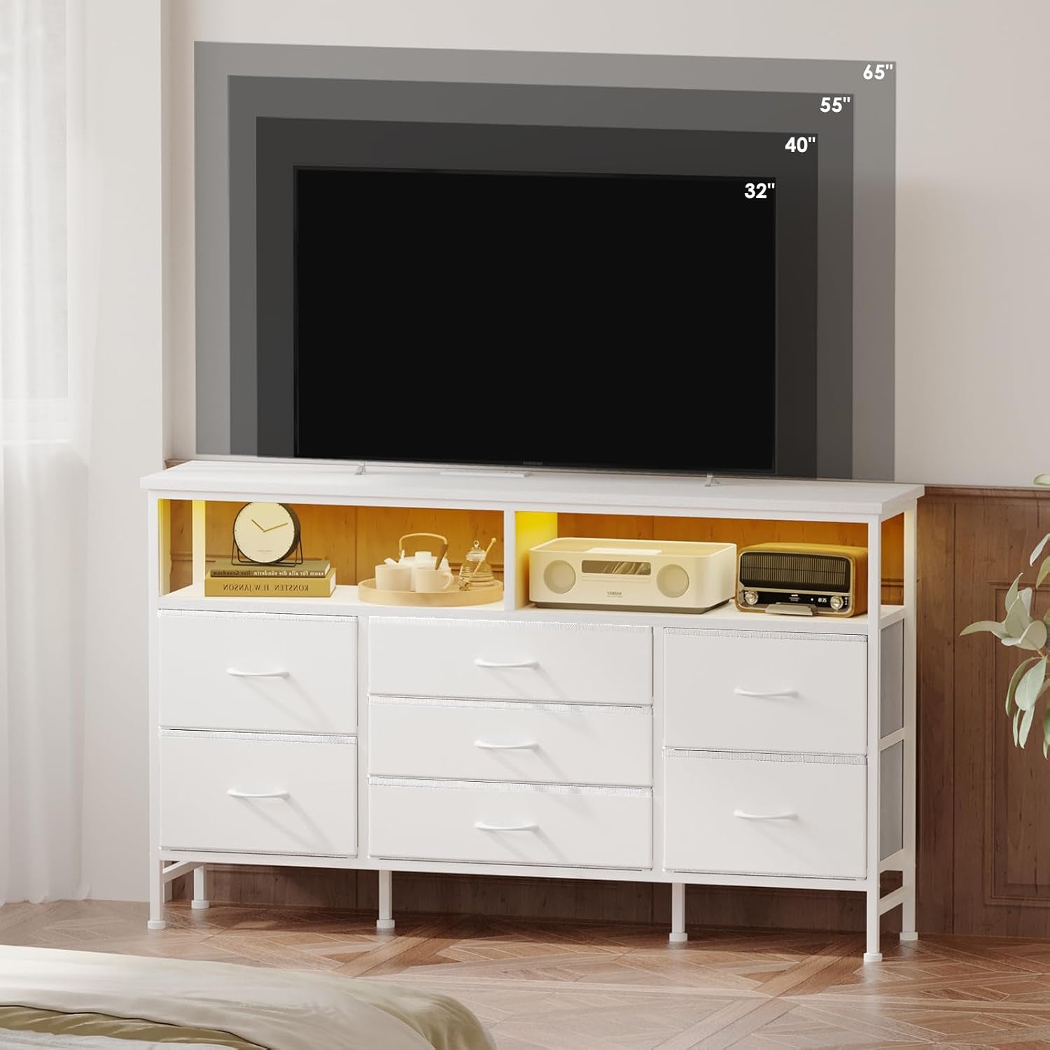 55 Inch Dresser TV Stand With Power Outlets And LED Lights