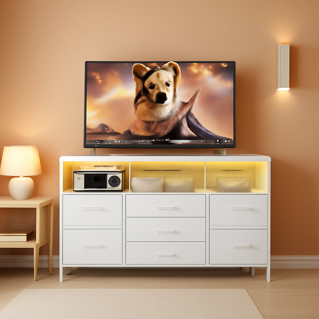 55 Inch Dresser TV Stand With Power Outlets And LED Lights