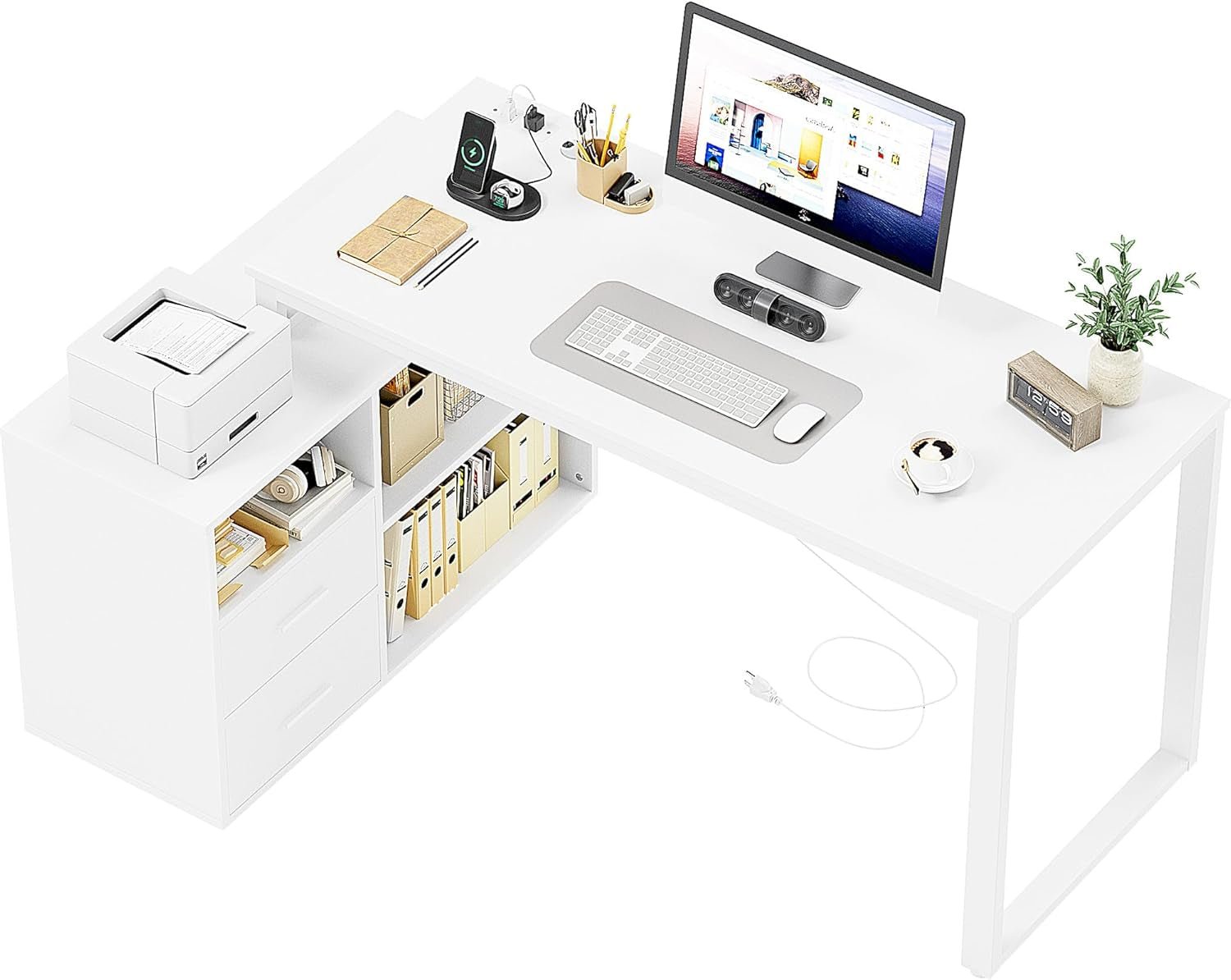 55 Inch L Shaped Desk White Finish For Home Office