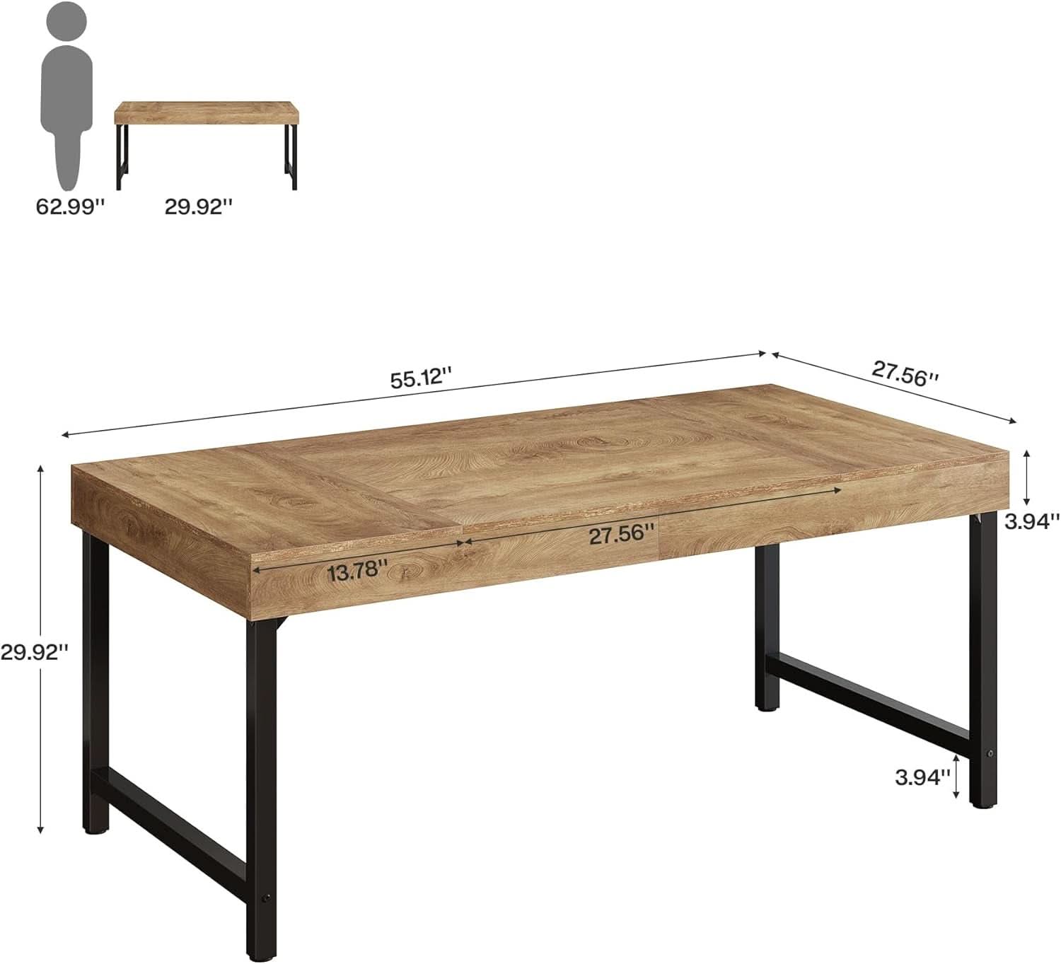 55 Inch Rustic Brown Farmhouse Dining Table With Metal Legs