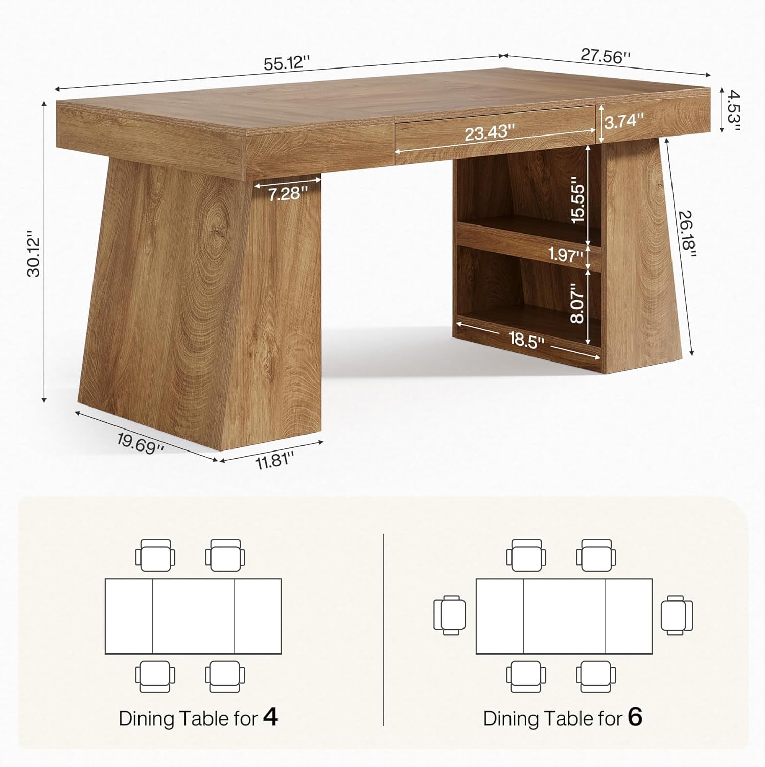 55 Inch Rustic Brown Farmhouse Solid Wood Dining Table With Storage