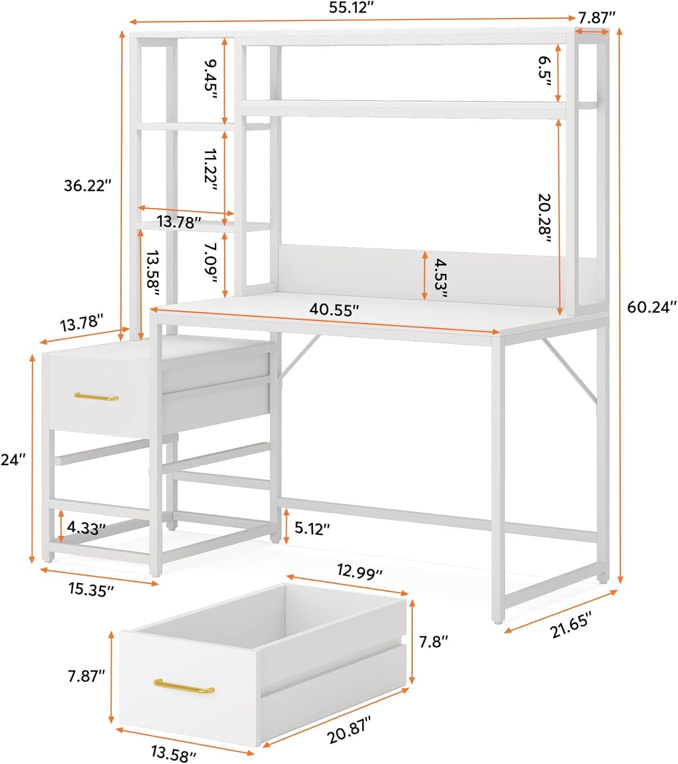55 Inch White Computer Desk With 2 Drawers And Shelves