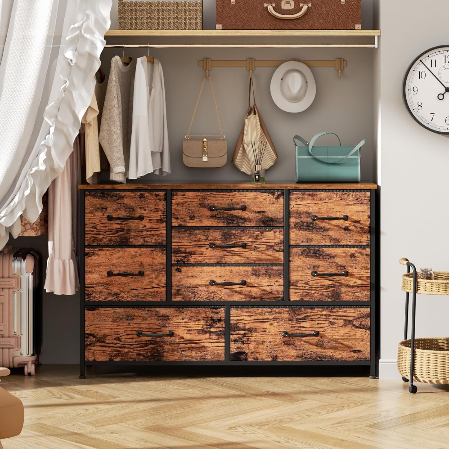 55 Inch Wide Dresser With 9 Large Drawers Rustic Brown TV Stand