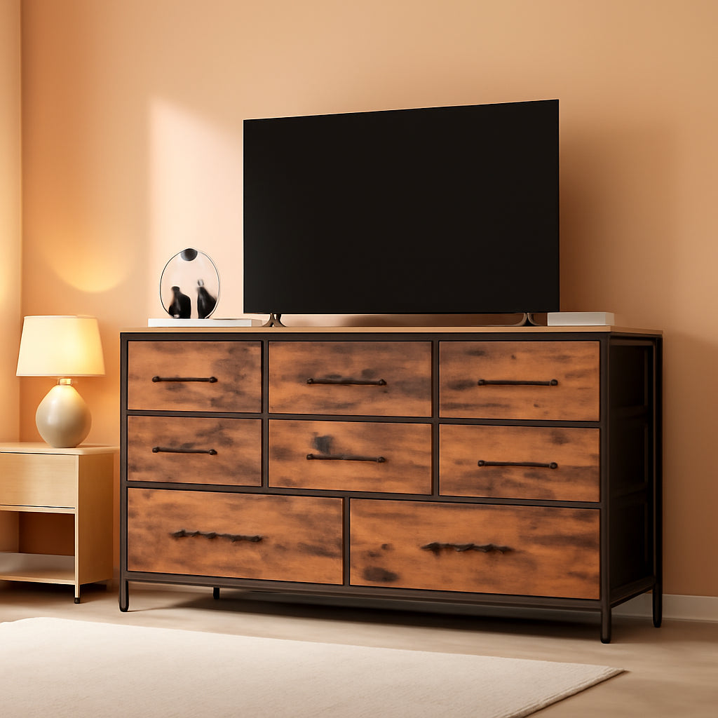 55 Inch Wide Dresser With 9 Large Drawers Rustic Brown TV Stand