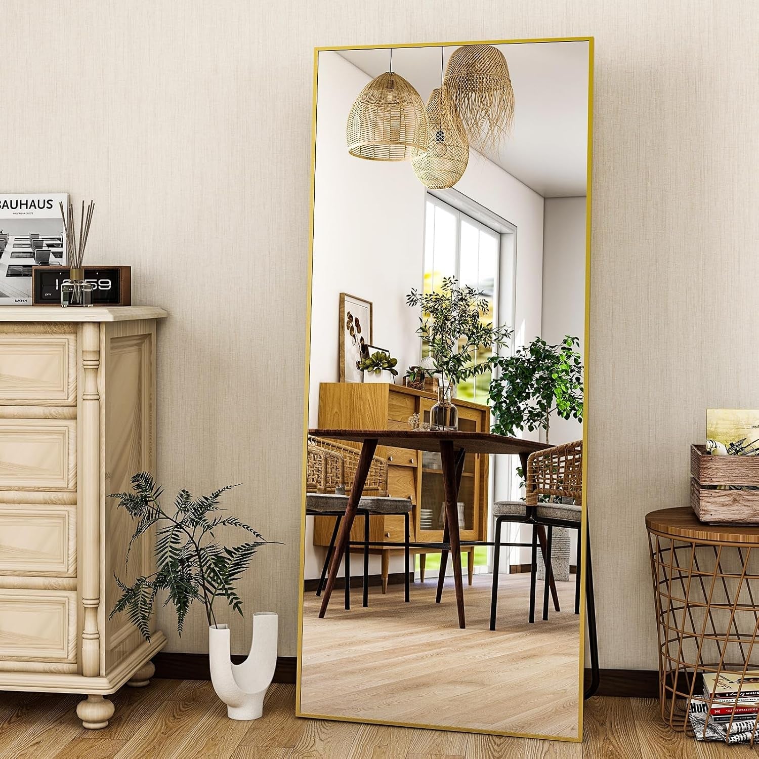 56 Inch Gold Full Length Floor Mirror With Stand Wall Mount