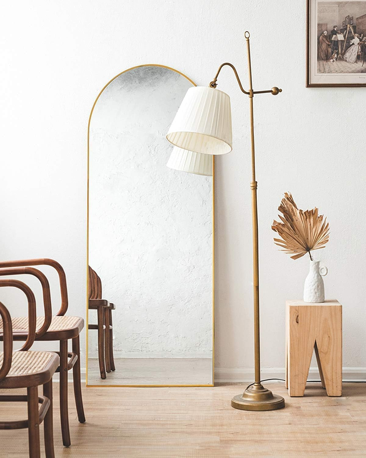 57 Inch Arched Floor Mirror With Stand Gold Aluminum Frame