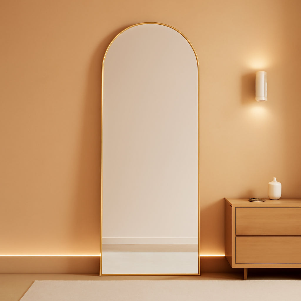 57 Inch Arched Floor Mirror With Stand Gold Aluminum Frame