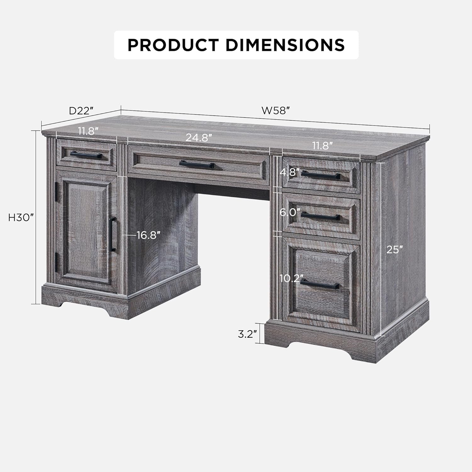 58 Inch Executive Desk Weatherworn Grey With Drawers And Cabinet