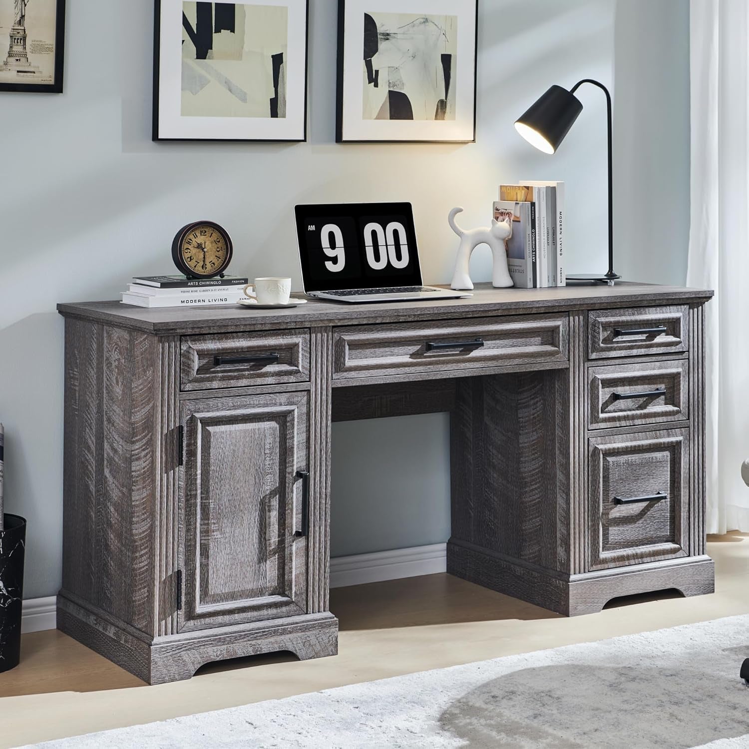 58 Inch Executive Desk Weatherworn Grey With Drawers And Cabinet