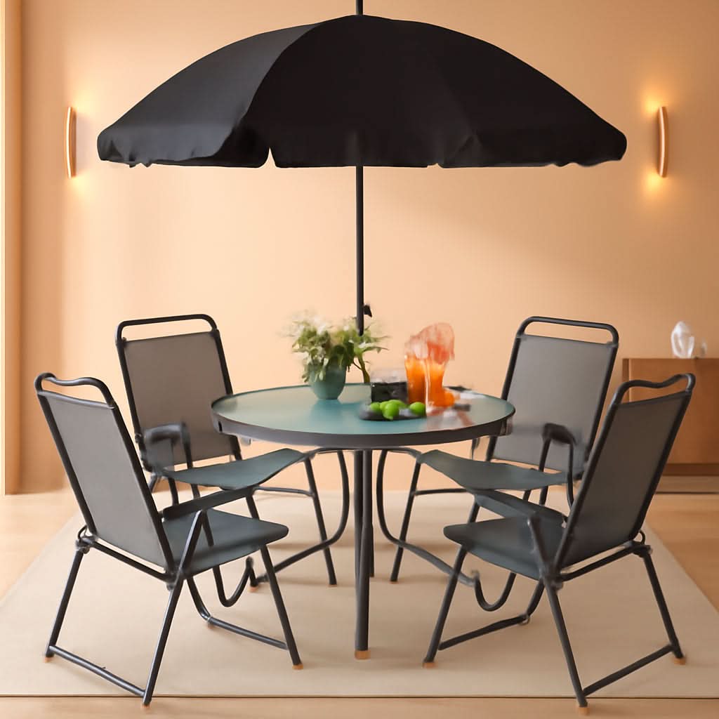 6 Piece Folding Patio Dining Set Black With Umbrella Table