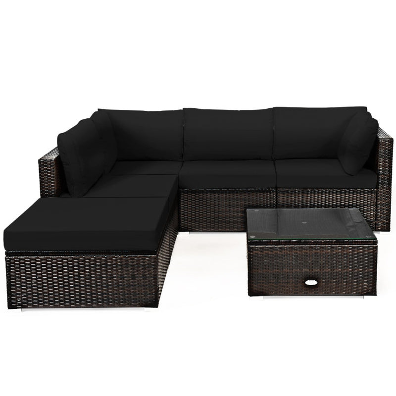 6 Piece Outdoor Rattan Sectional Sofa Set Glass Top Table