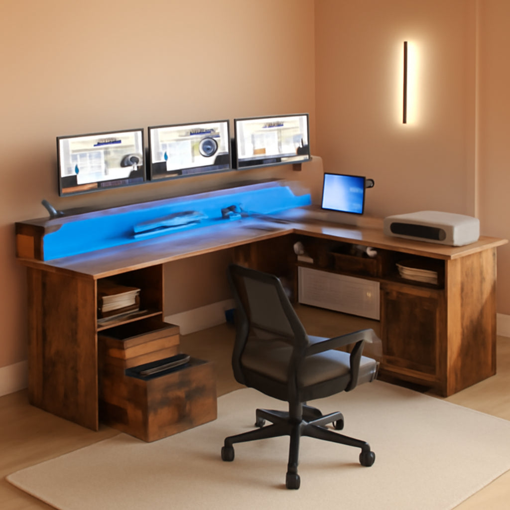 60 Inch L Shaped Desk With Power Outlets And LED Lights