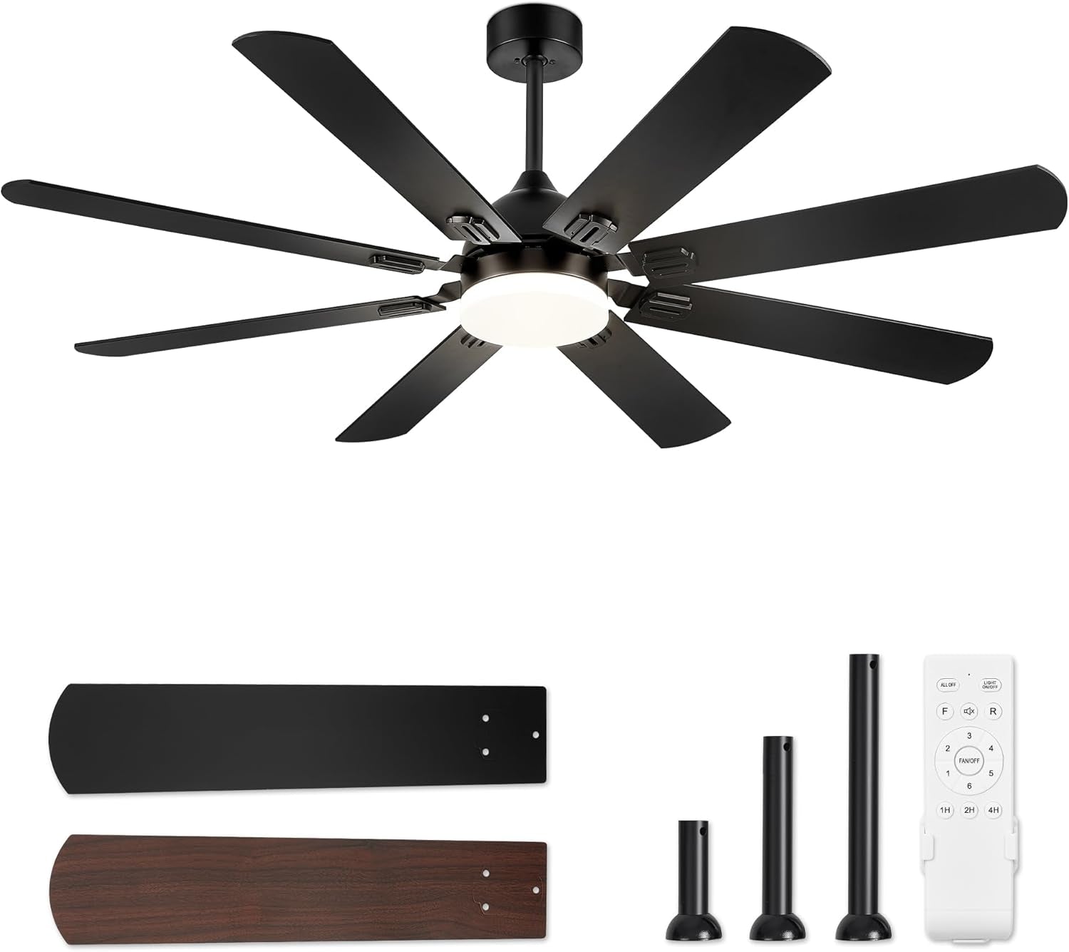 62 Inch Black Ceiling Fan With Remote And LED Light