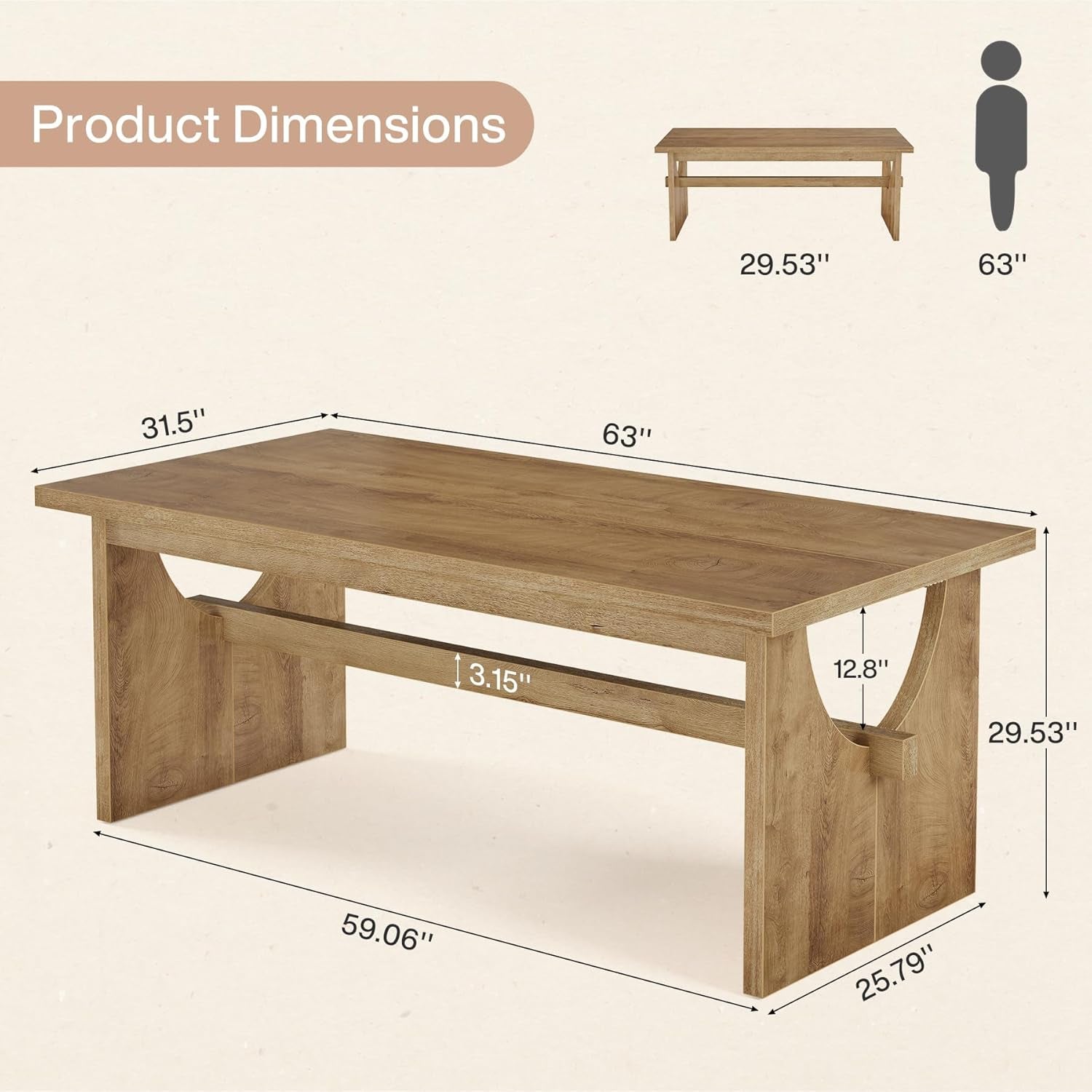 63 Inch Farmhouse Dining Table Rustic Brown Seats 4 To 6