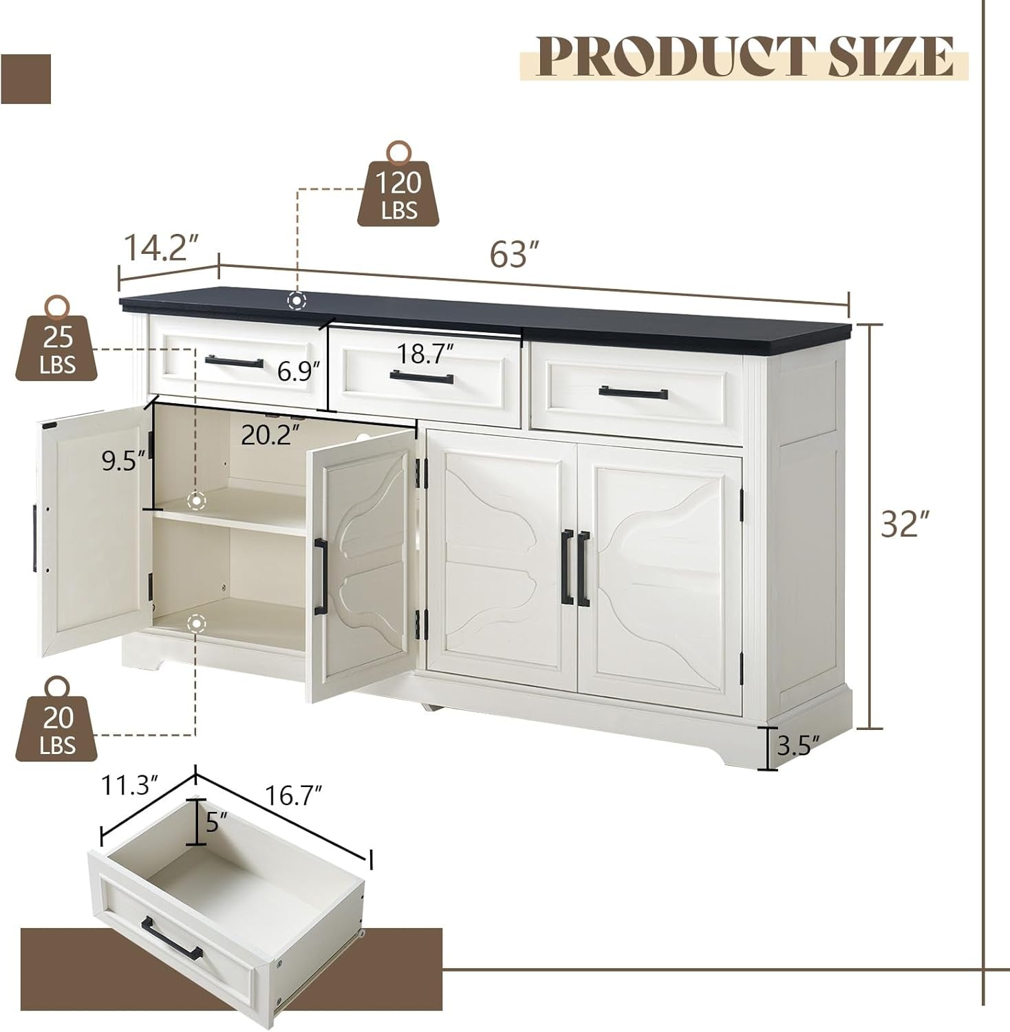 63 Inch Farmhouse White Buffet Sideboard With 3 Drawers