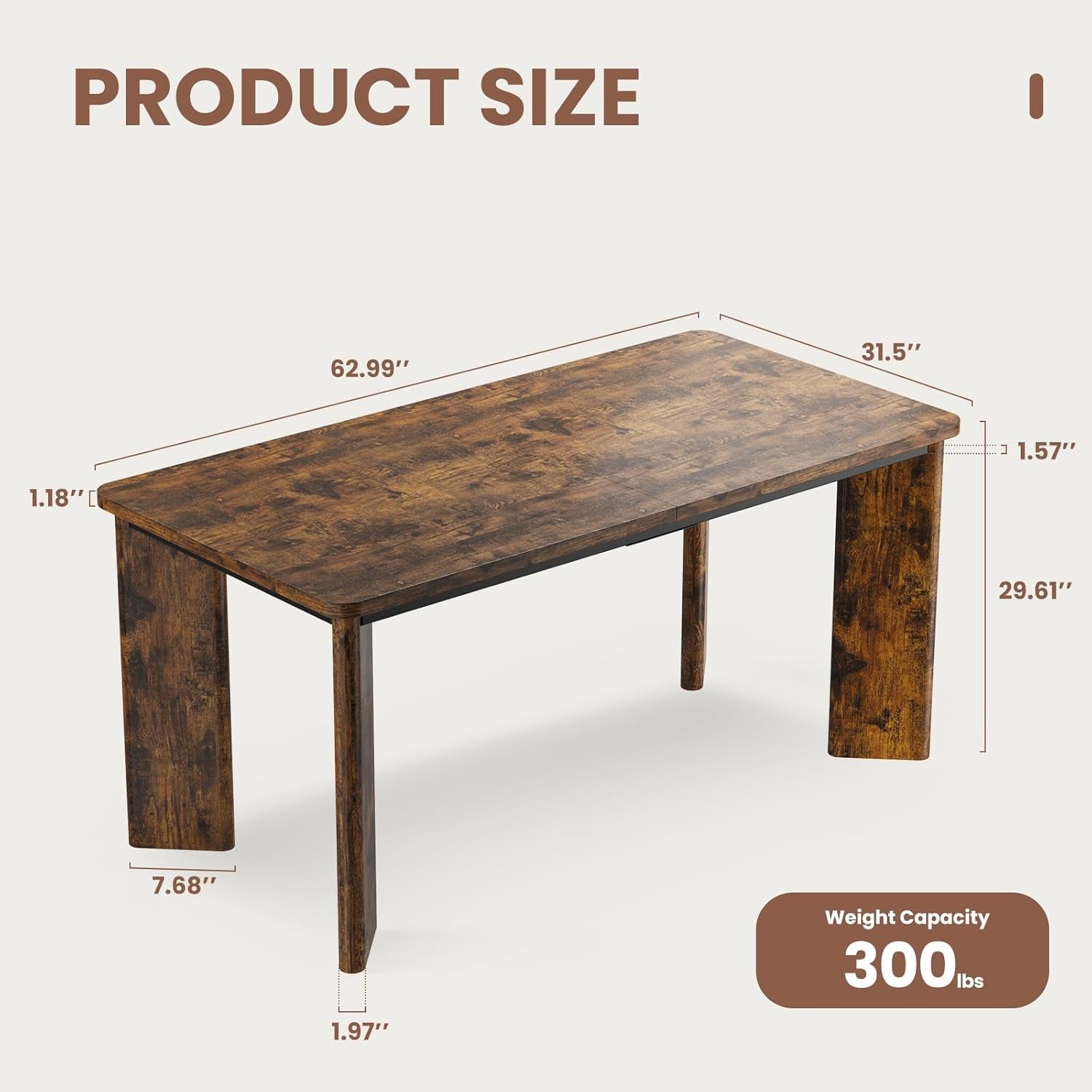 63 Inch Industrial Wood Dining Table With Angled Legs
