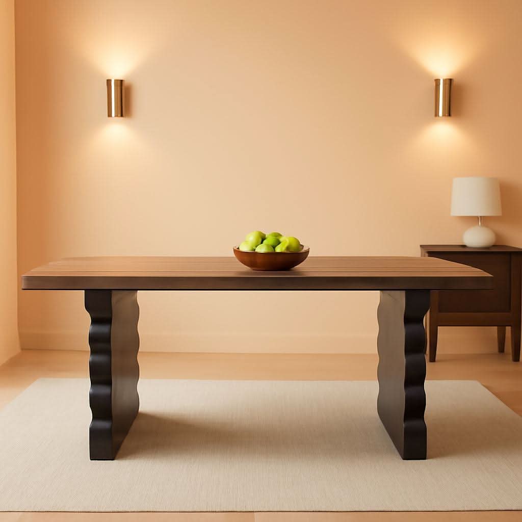 63 Inch Modern Wooden Dining Table With Black Wavy Legs
