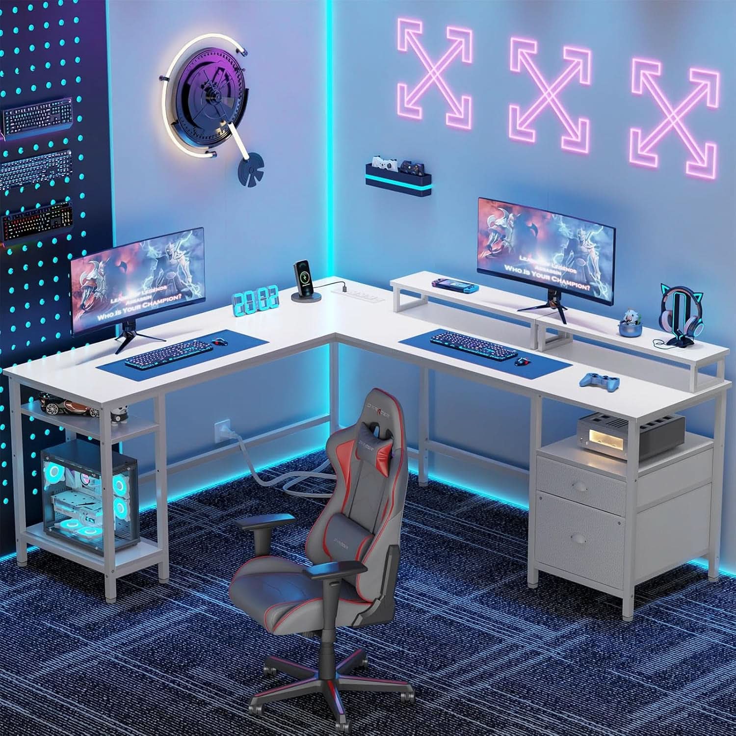 66 Inch L Shaped Desk With Power Outlet And White Finish File Drawer